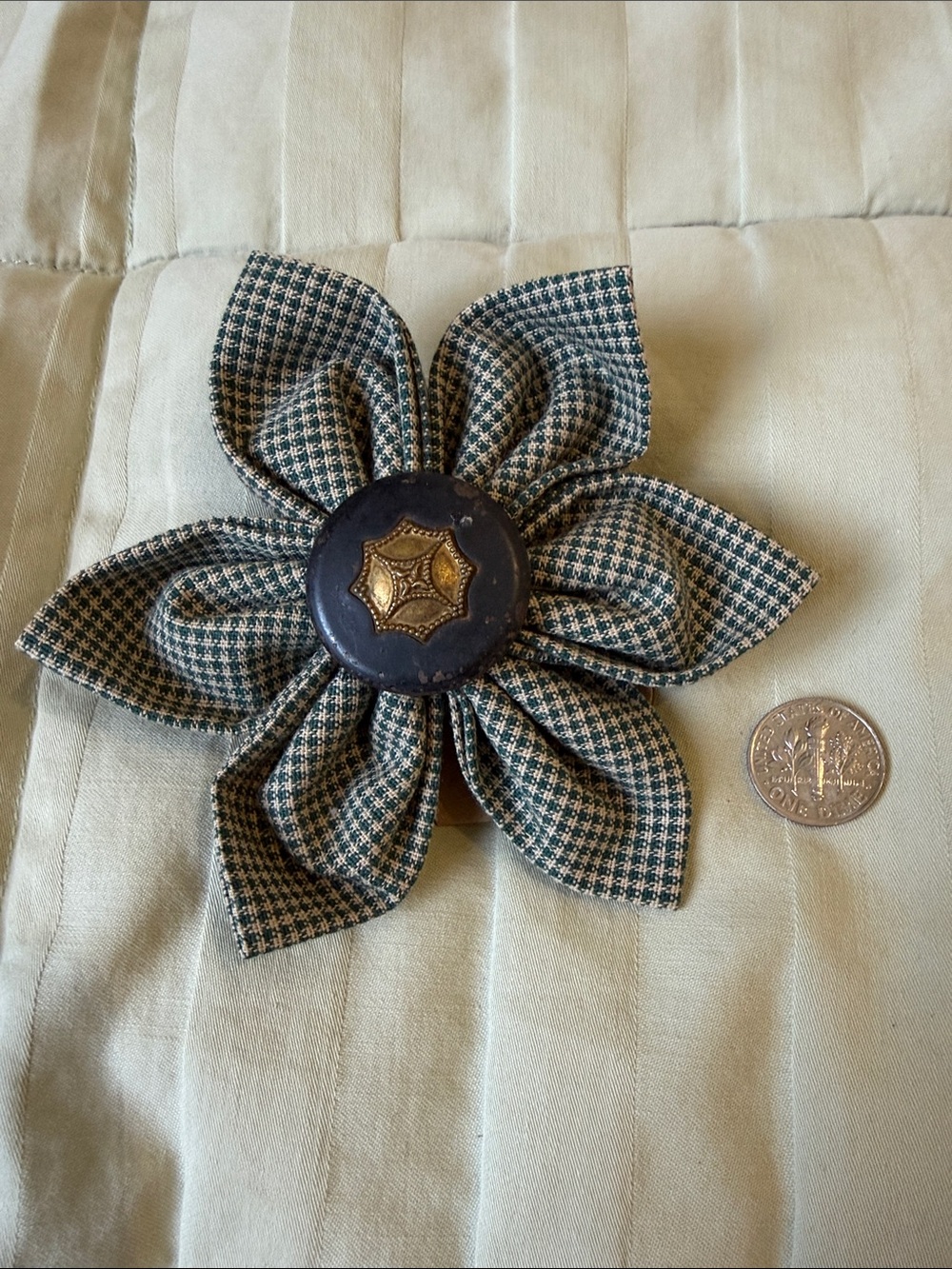 Houndstooth Fabric Flower Brooch with Decorative Vintage Button Center